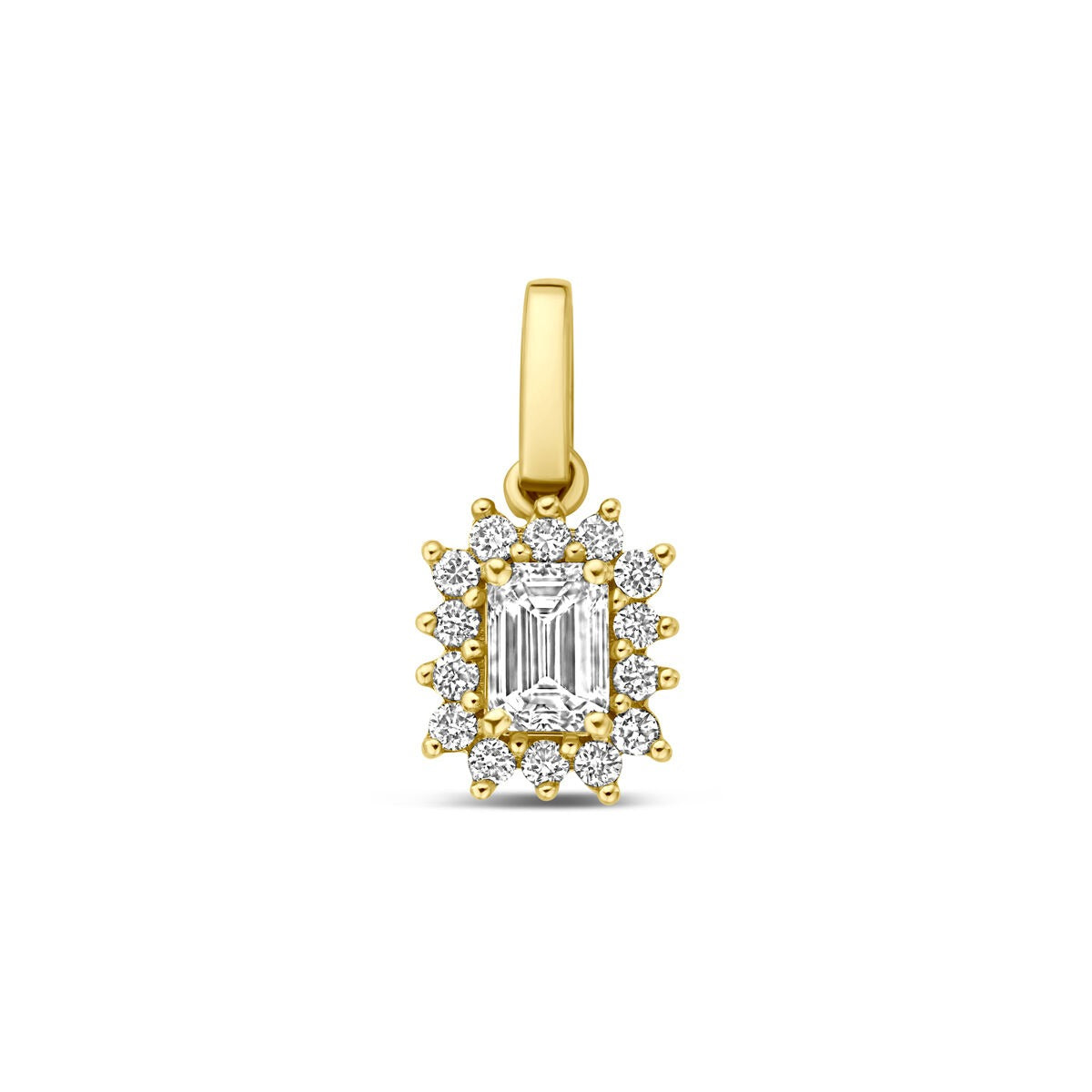 Złoty wisiorek z lab-grown diamentem w kształcie prostokąta, otoczony małymi diamentami.