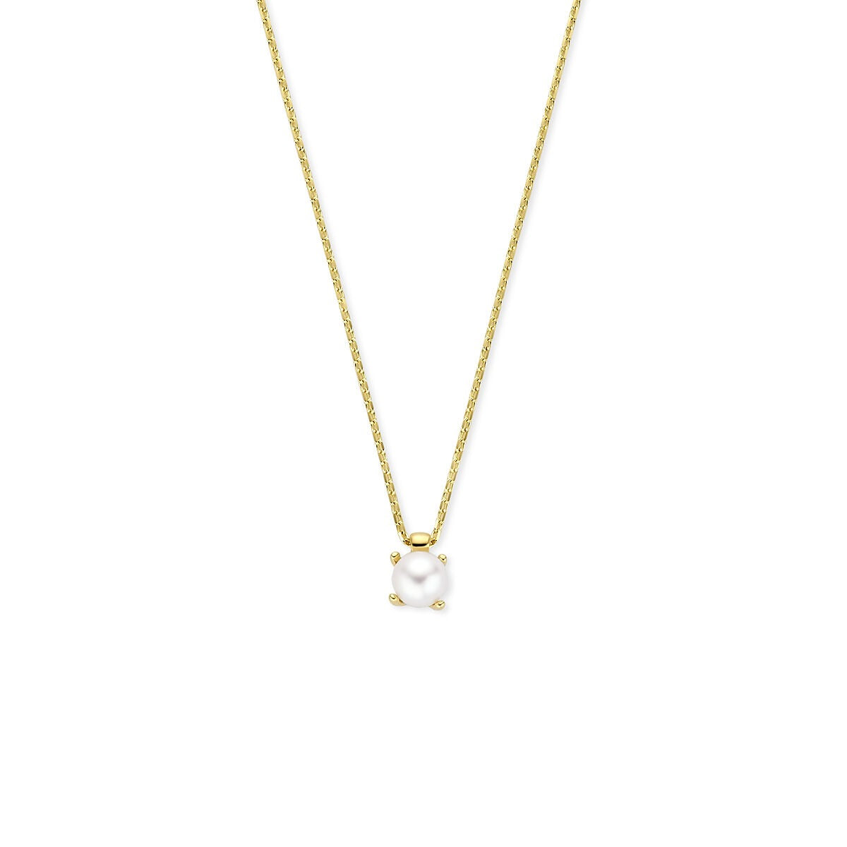 Geelgouden ketting van 9k met een enkele witte parel als hanger.