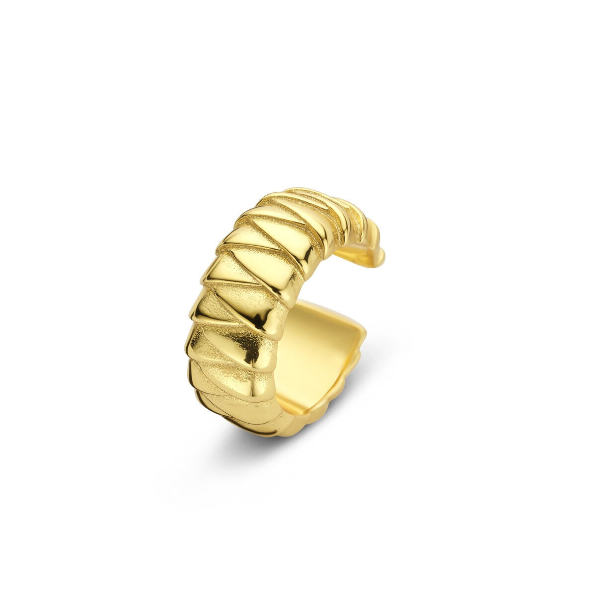 Złoty ear cuff o delikatnym, żłobionym wzorze, bez konieczności przekłucia.