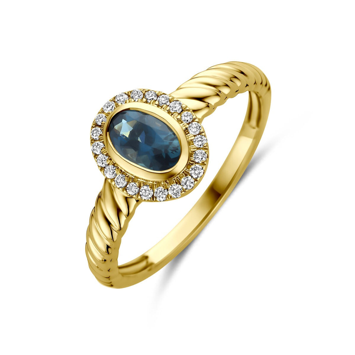 Pierścionek z 14-karatowego żółtego złota z owalnym London blue topazem i lab-grown diamentami.