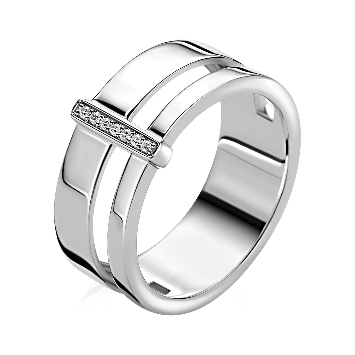 Zilveren ring met een glanzende afwerking en een horizontale rij van kleine steentjes.
