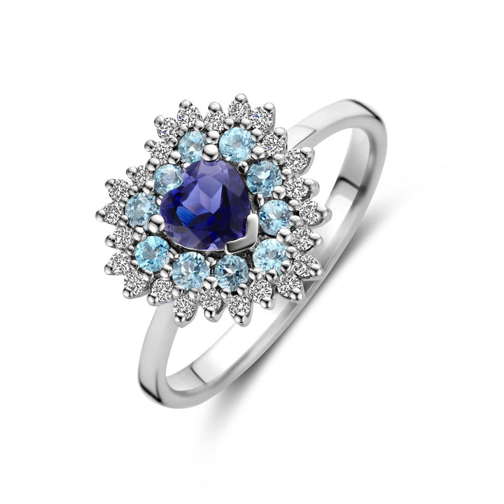 Witgouden ring met hartvorm – London blue topaas, ioliet en diamant
