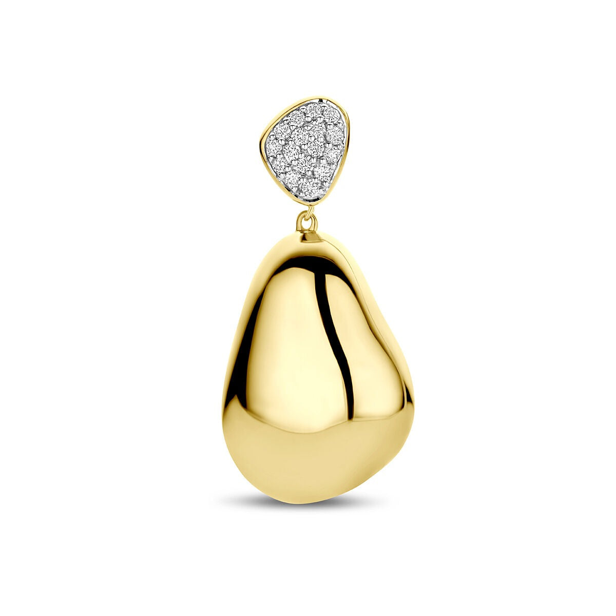 Gouden hanger van 14k geelgoud met een pavé van diamanten, 34 mm lang en een organische, afgeronde vorm.