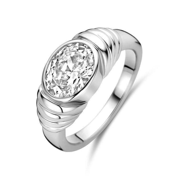 Zilveren ring met ovale zirkonia – gerhodineerd 925 zilver, 8 mm breed