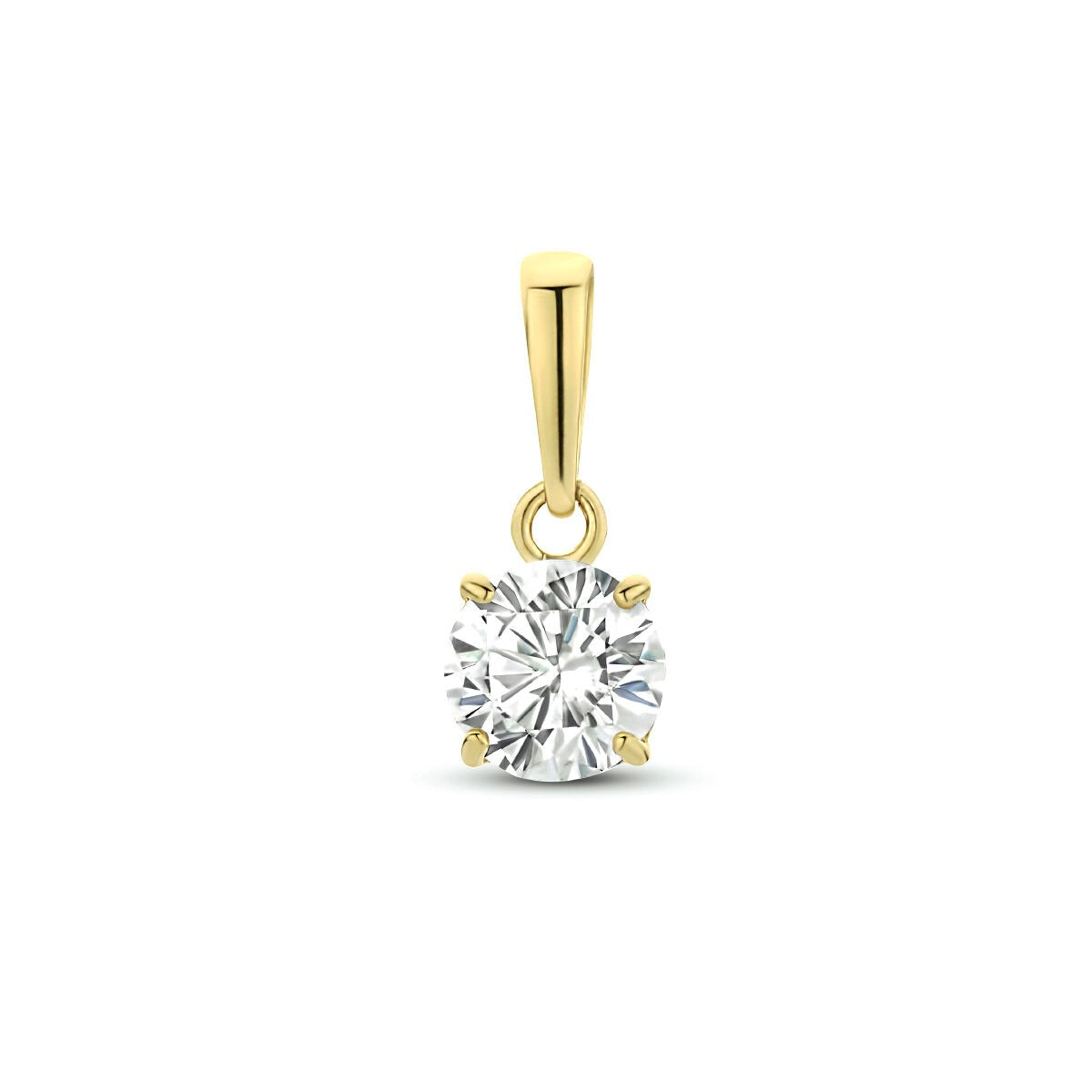 Gouden hanger van 9k geelgoud met briljant geslepen zirkonia in ronde vorm.