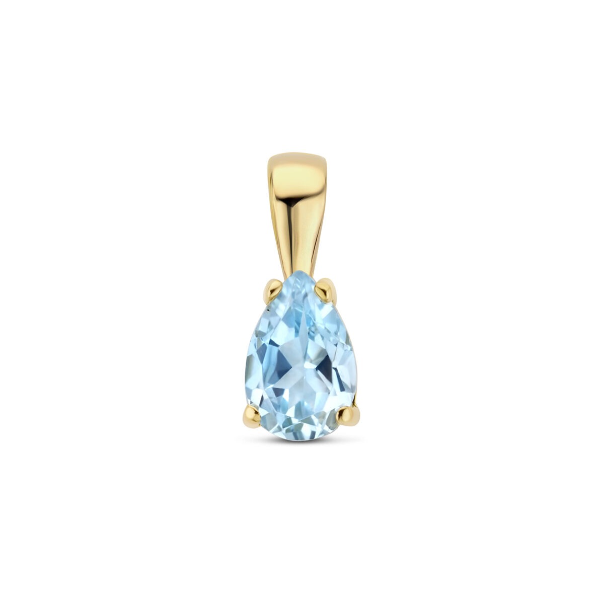 Geelgouden hanger met een druppelvormige blauwe topaas.