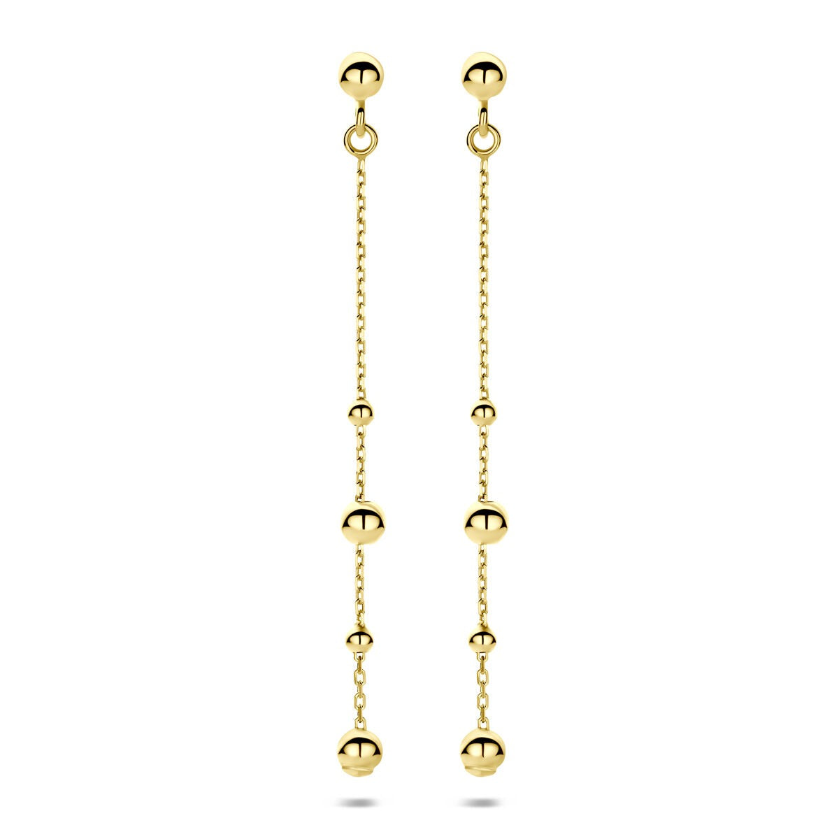 Geelgouden oorhangers met drie bolletjes aan een ketting, hangend ontwerp.