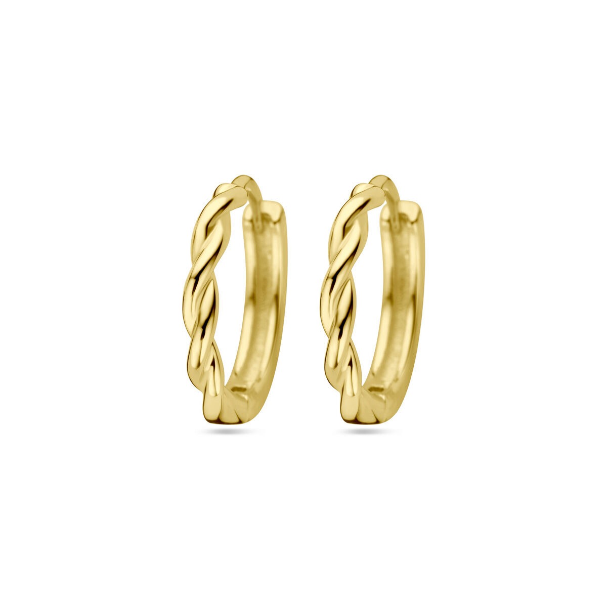 Vergulde zilveren klapoorringen met een gedraaide structuur, diameter 13 mm.