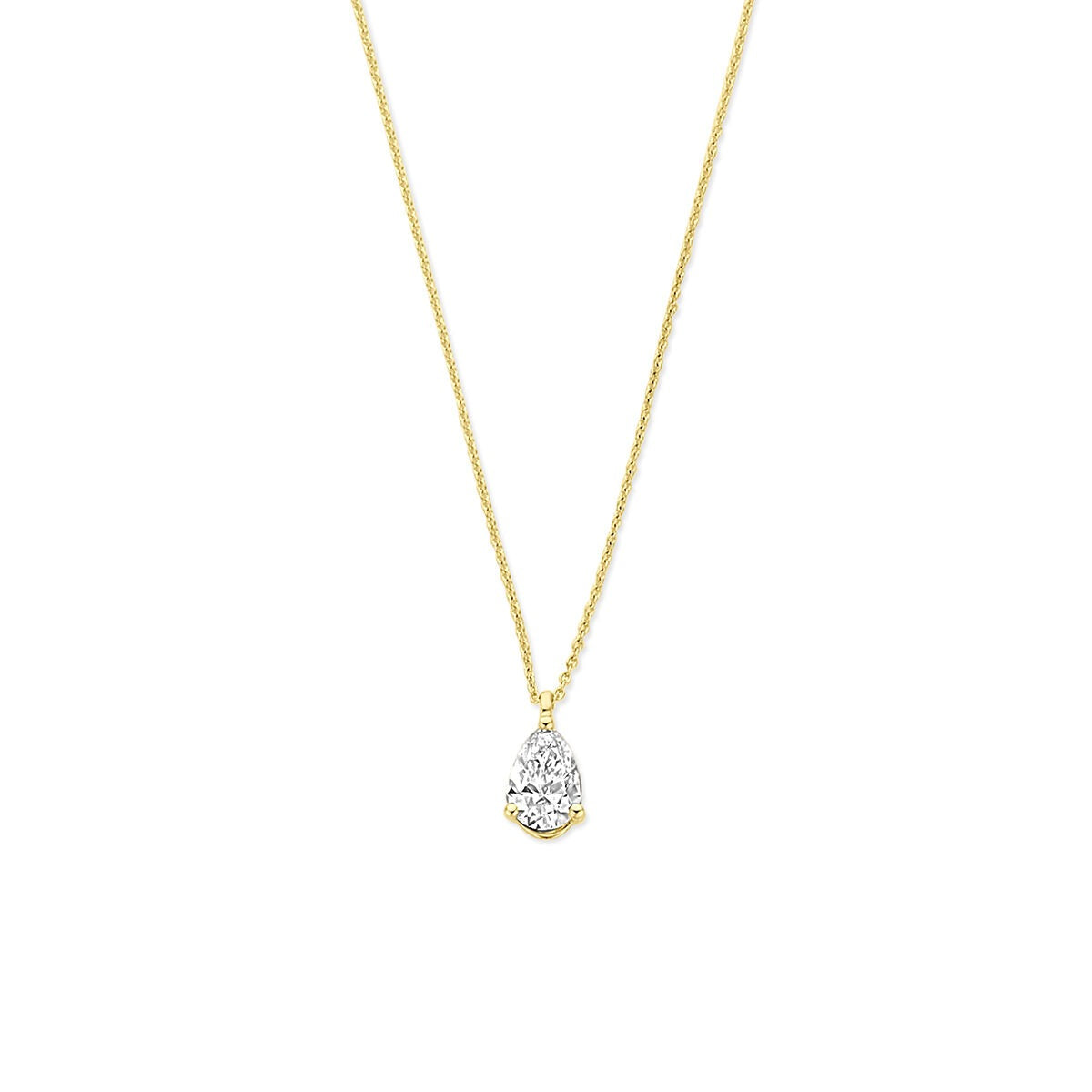 14k gouden ketting met een druppelvormige lab grown diamant als hanger.