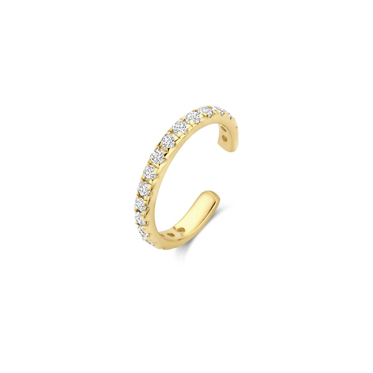 Złoty ear cuff z cyrkoniami, delikatny, o zaokrąglonym kształcie.