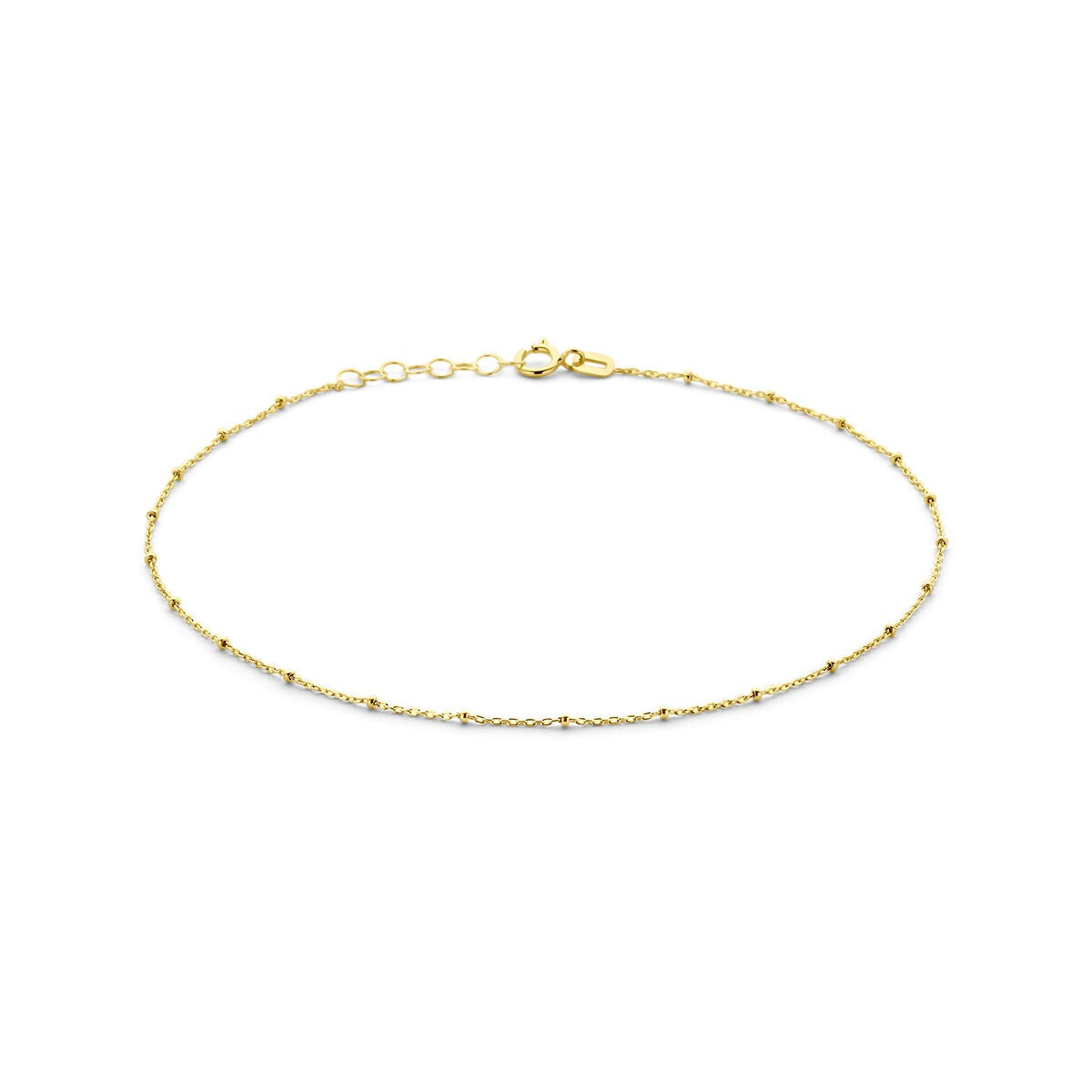Złote 14k łańcuszek na kostkę z kuleczkami, regulowany od 24 do 26 cm.