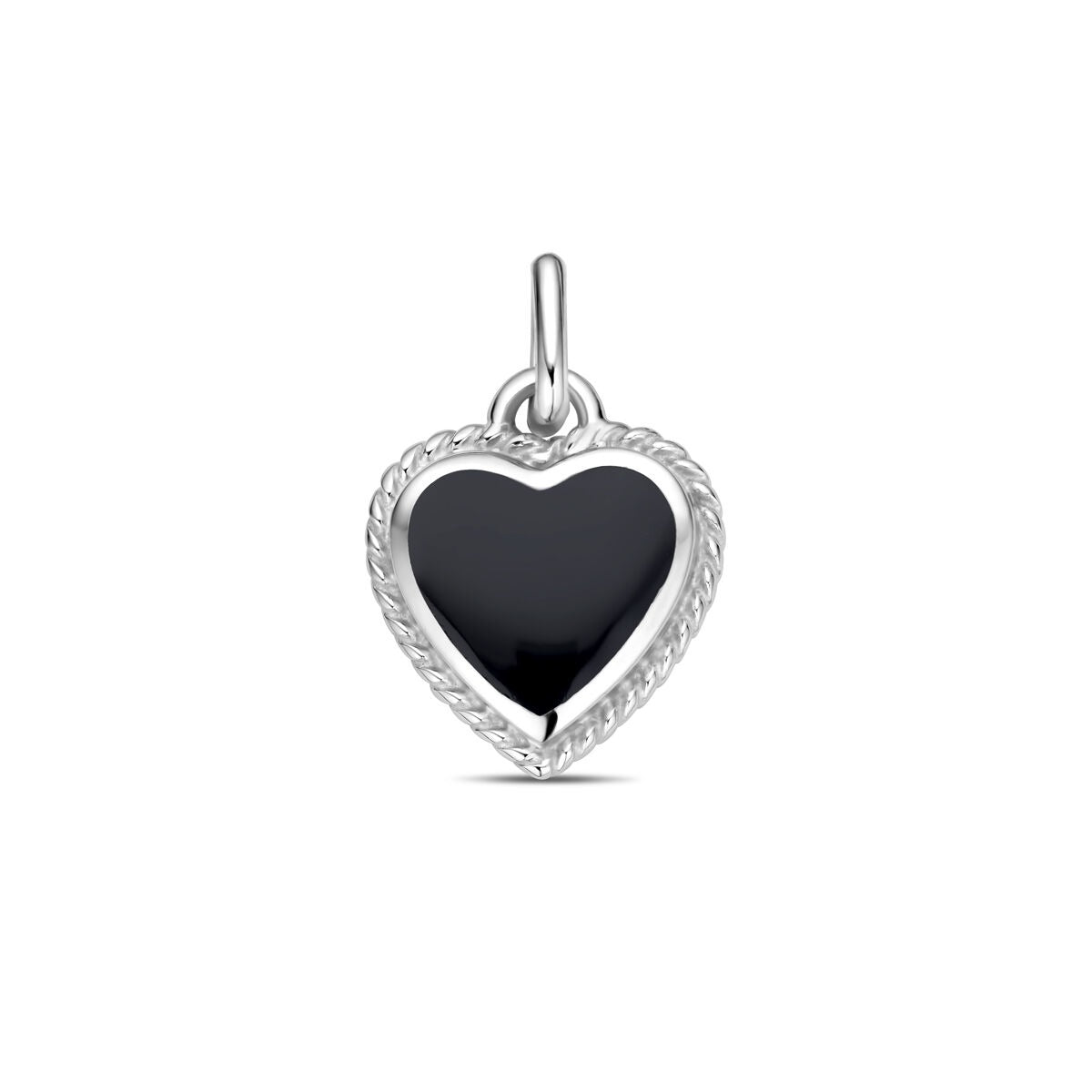 Gerhodineerde zilveren hanger in hartvorm met een zwarte onyx, diameter 20,5 mm.