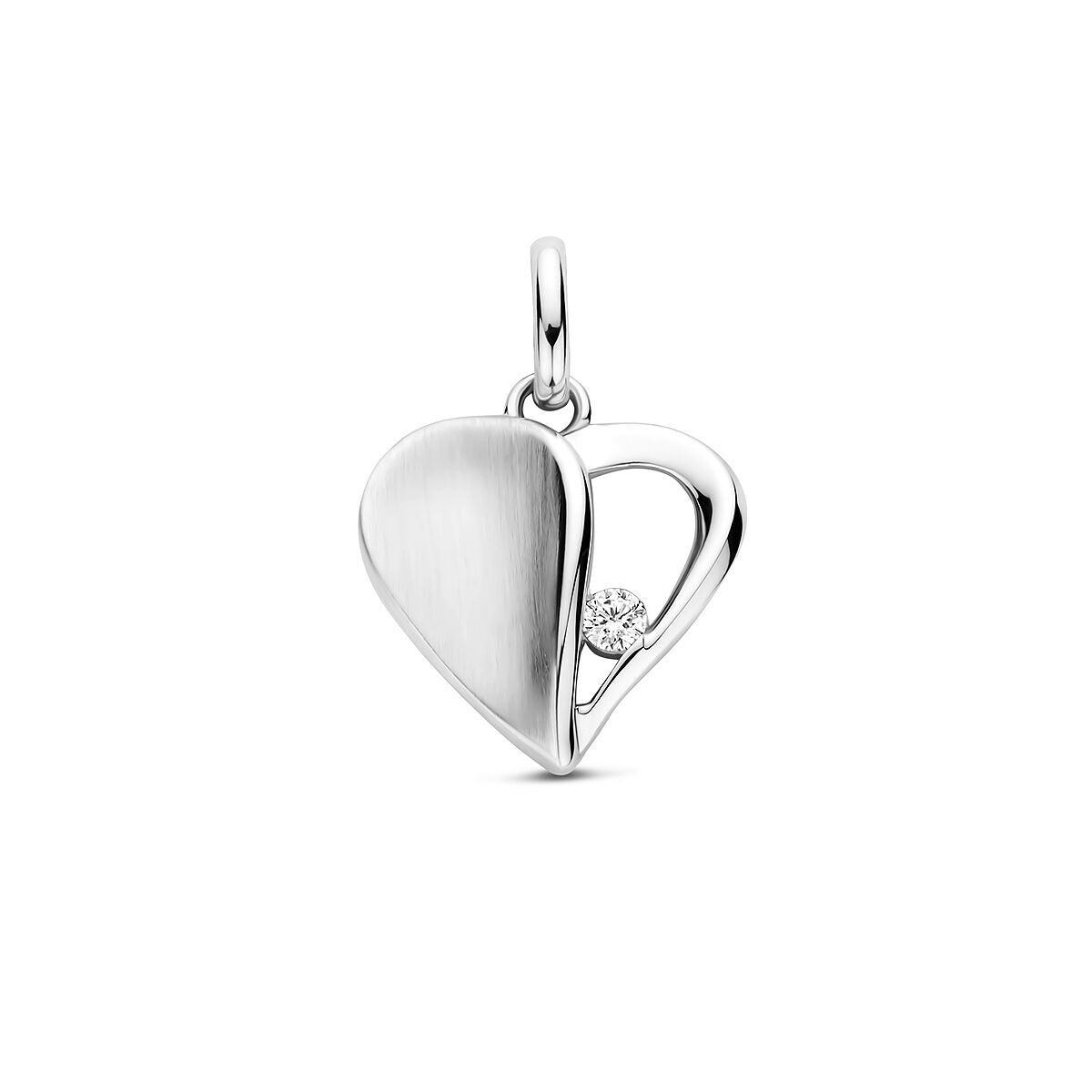 Zilveren hart hanger met een glanzende afwerking en een zirkonia steen.