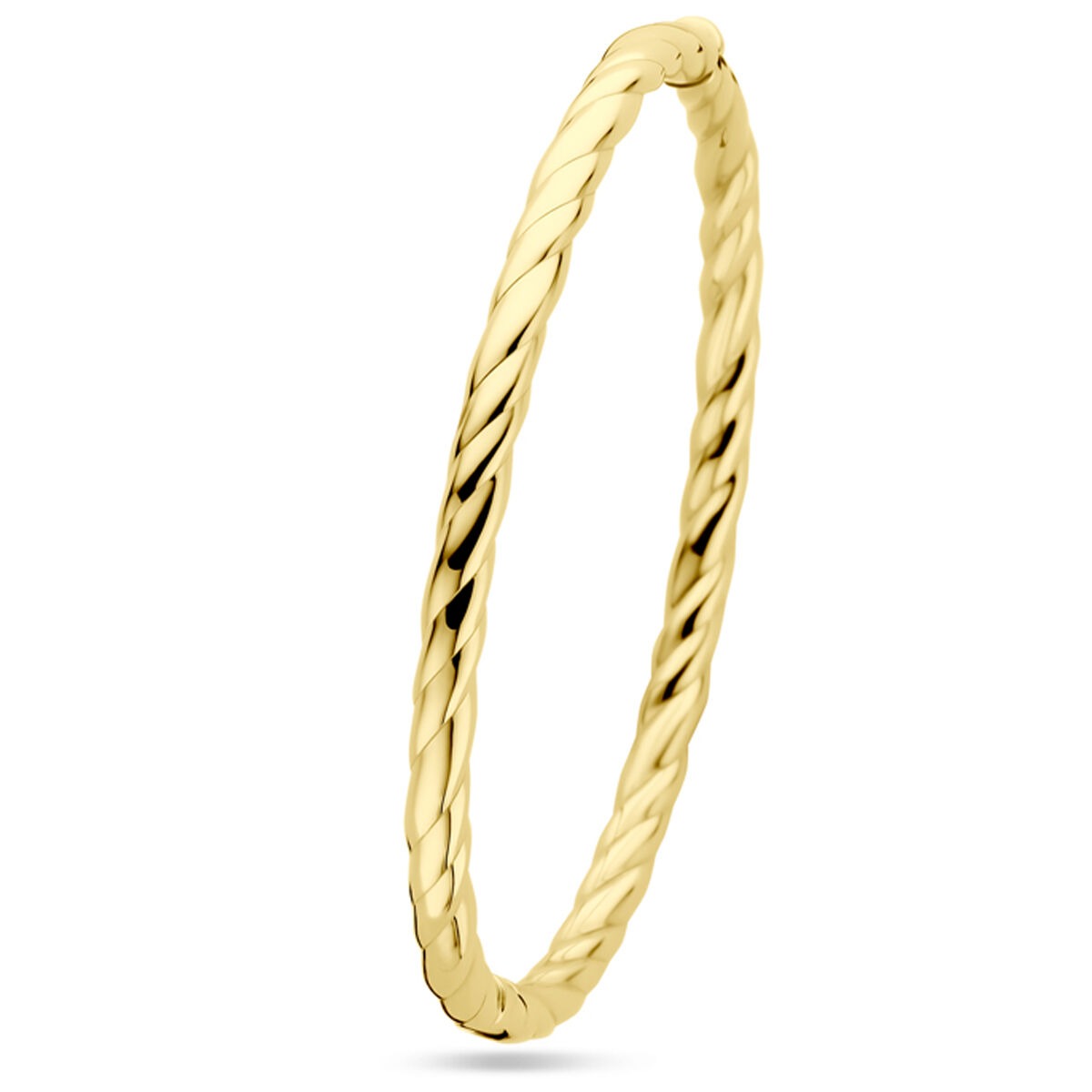 Bangle z 14-karatowego żółtego złota o skręconym kształcie, szerokości 4 mm i średnicy 60 mm.