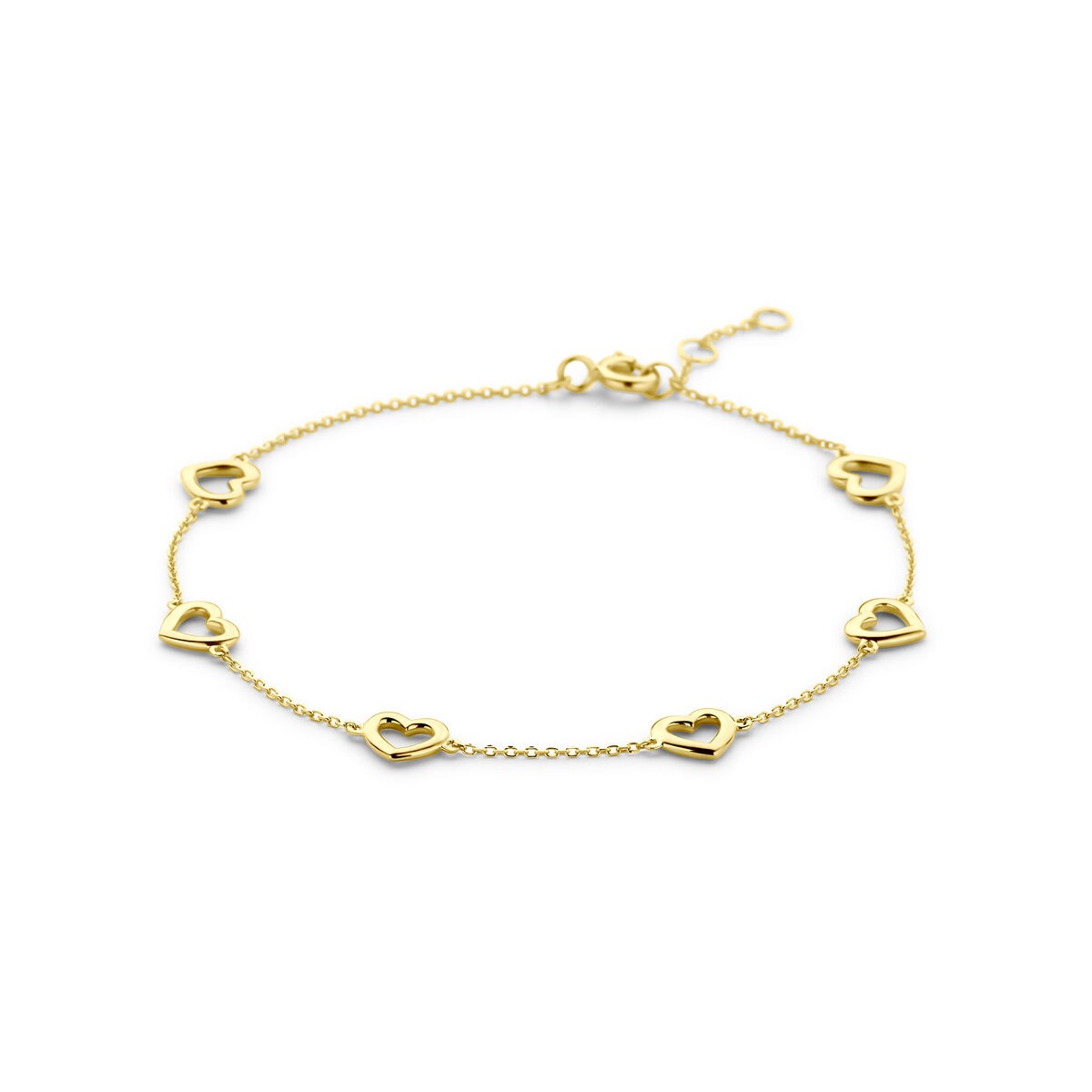 Geelgouden armband met hartjes, verstelbare schakels en een delicate ketting.