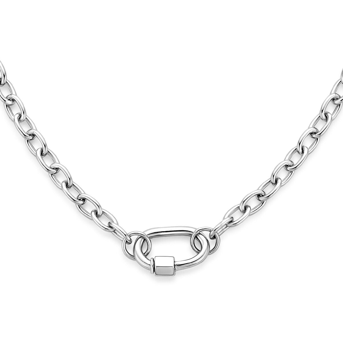 Zilveren ketting van 925 met een opvallende connector in het midden.