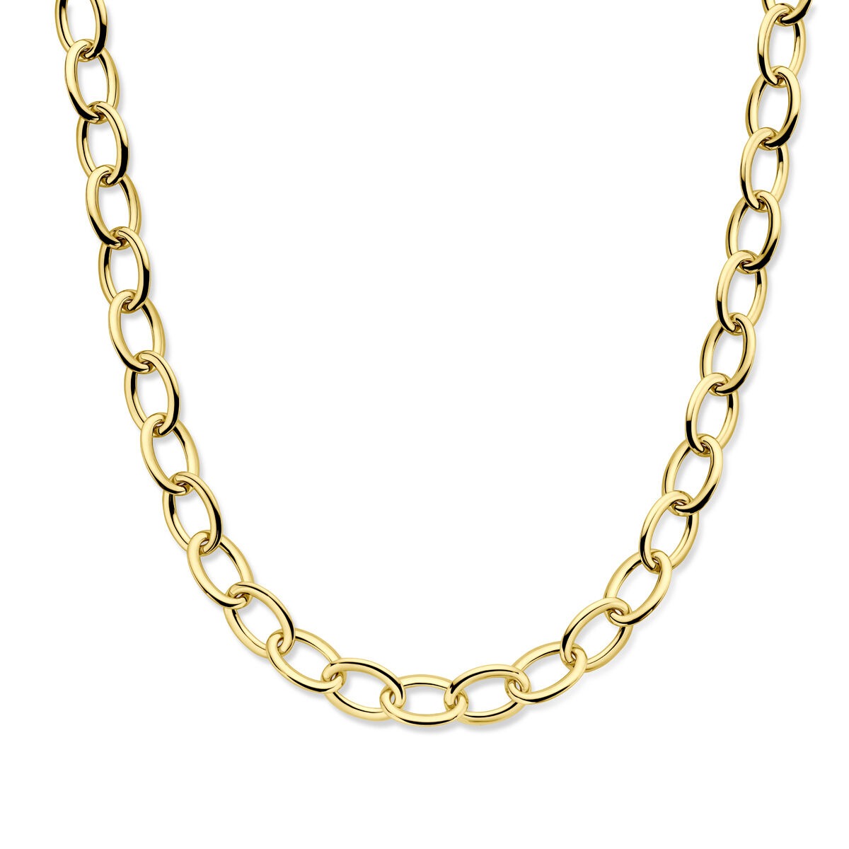 Geelgouden collier met draadschakels, 13 mm breed, met een glanzende afwerking.