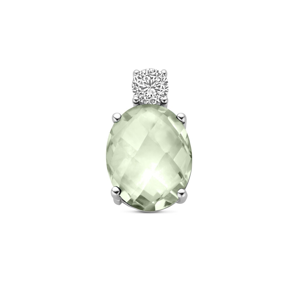 Wisiorek z gerhodynowanego srebra 925 z zielonym ametystem i cyrkonią, owalny kształt, 13 x 8 mm.