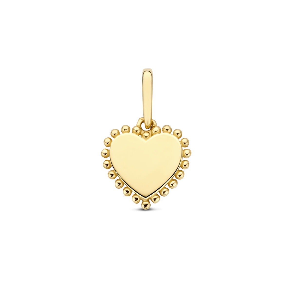 Geelgouden hart hanger met een gladde afwerking en bolletjesrand.