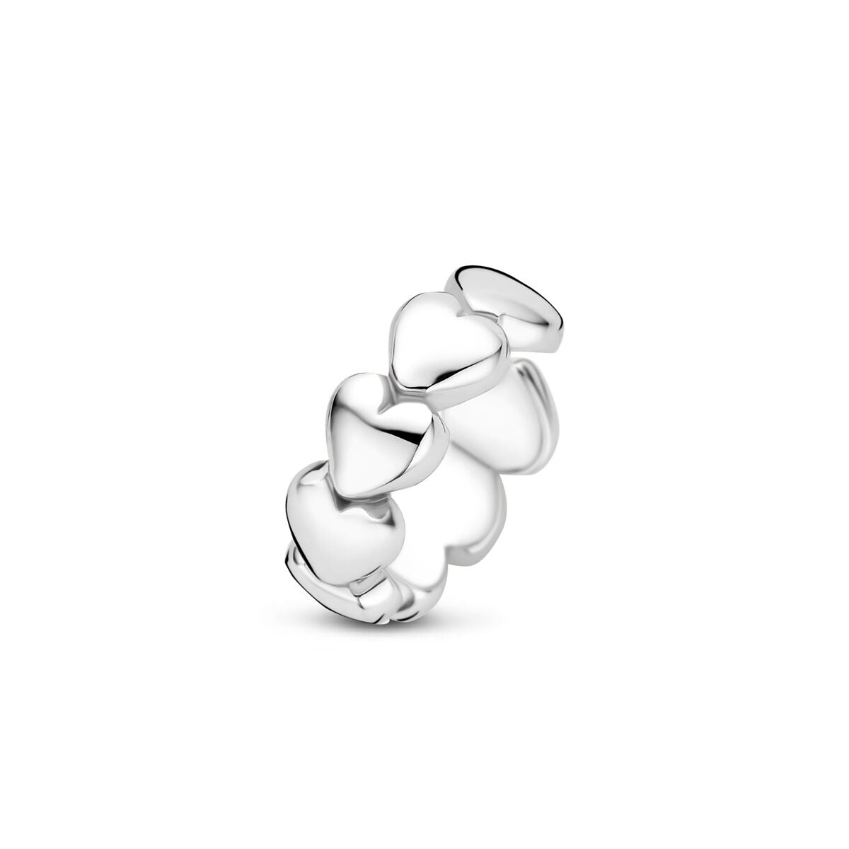 Srebrny ear cuff z serduszkami, wykonany z 925 srebra, o gładkiej powierzchni.