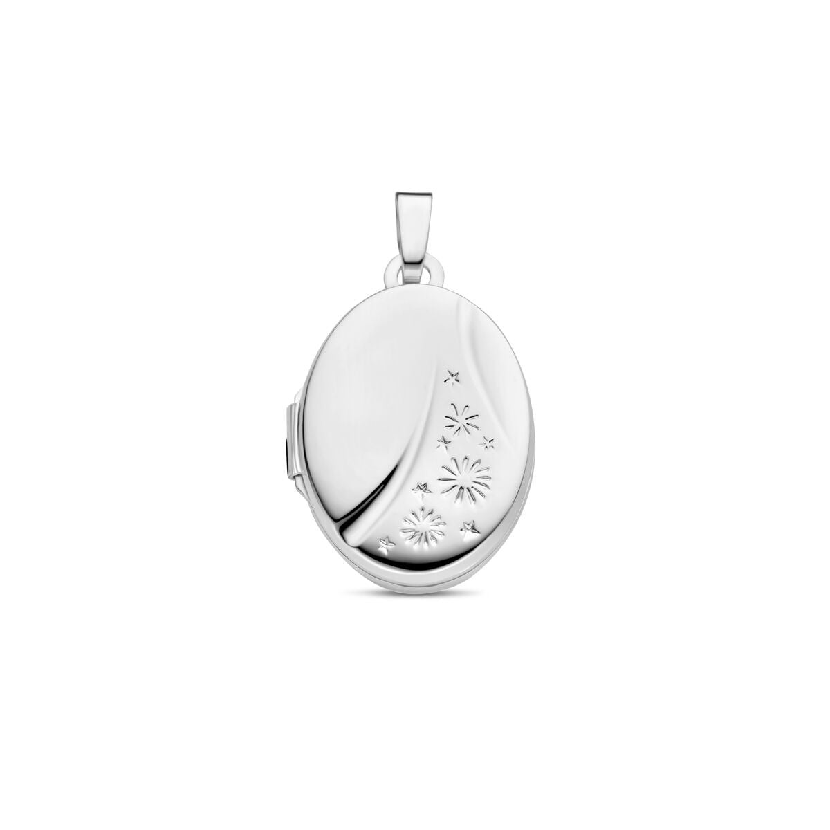 Ovaal zilveren medaillon van gerhodineerd 925 zilver met een gestileerd bloemenpatroon.