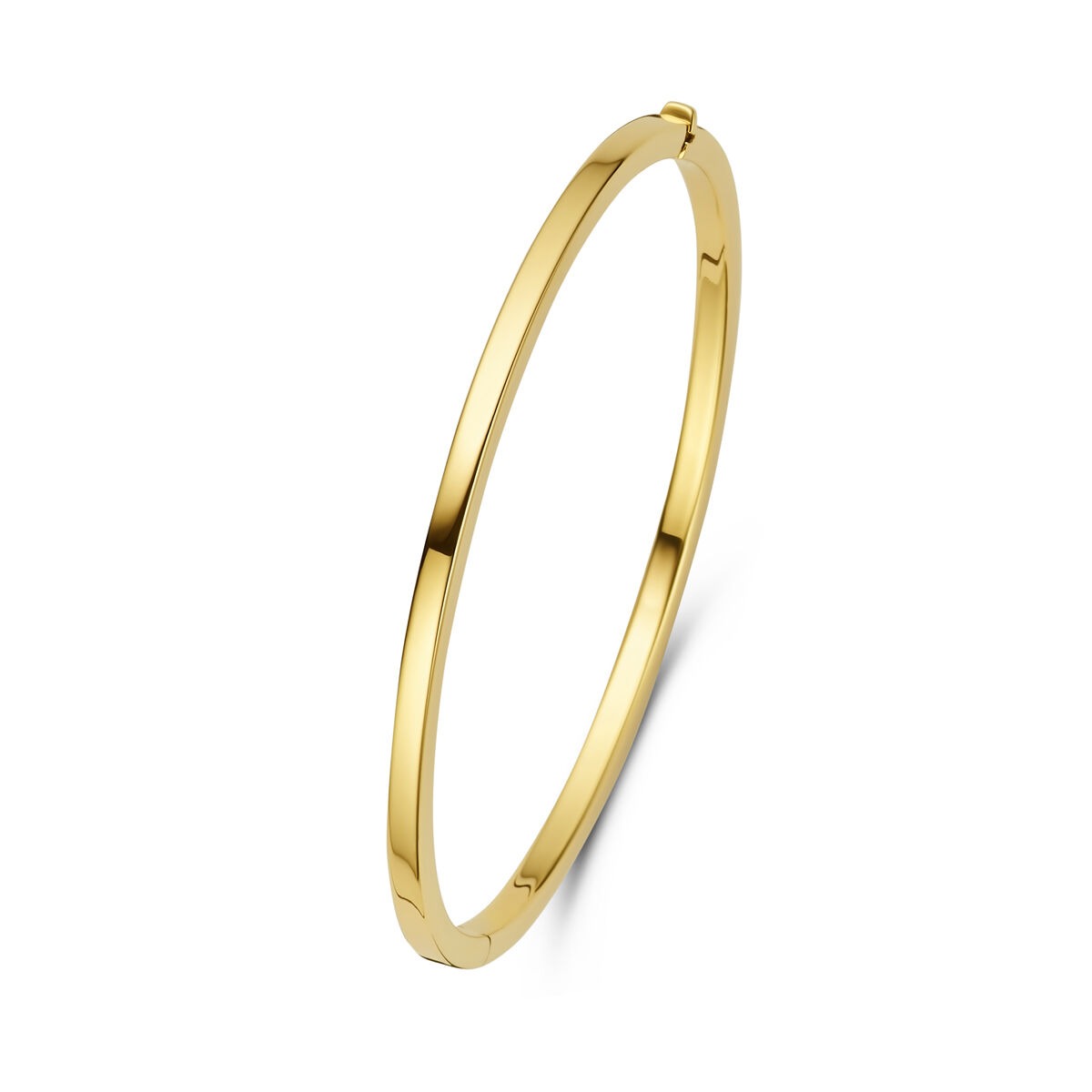 Gouden bangle van 14k met een strakke, glanzende afwerking en scharniersluiting.