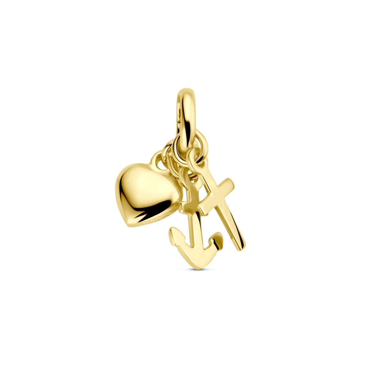 Gouden hanger met drie bedels: een hart, een kruis en een anker, gemaakt van 9k geelgoud.