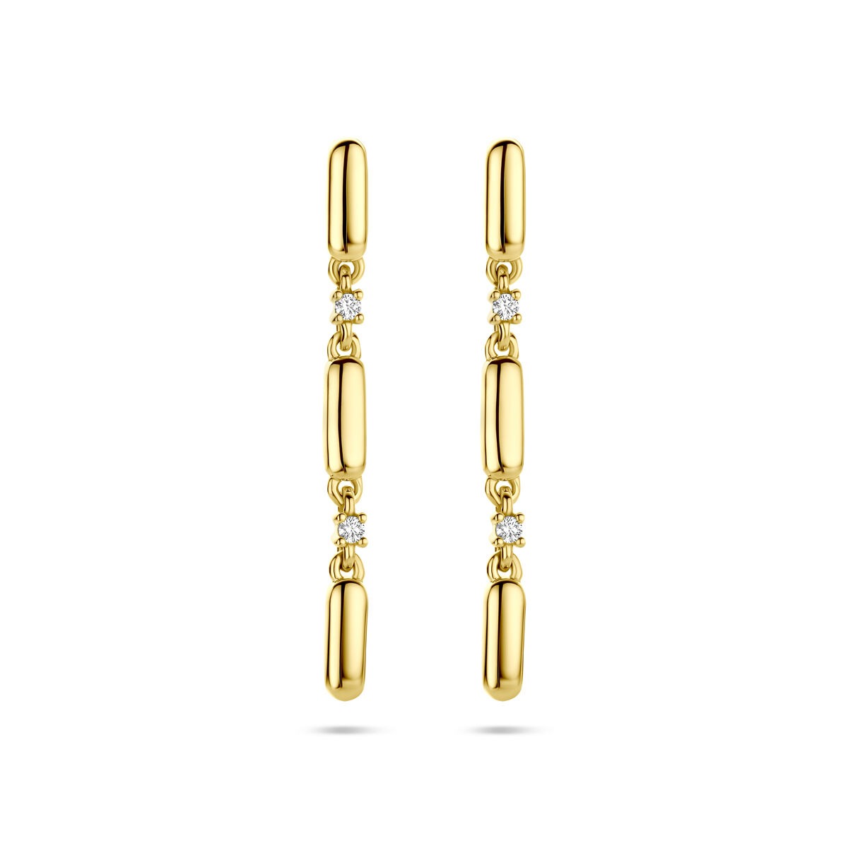 Złote kolczyki z diamentami – 14k żółte złoto, 0,06 ct, długość 32 mm.