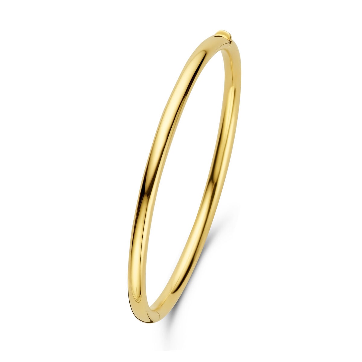 Gouden 14k bangle armband met een gladde afwerking en scharniersluiting.