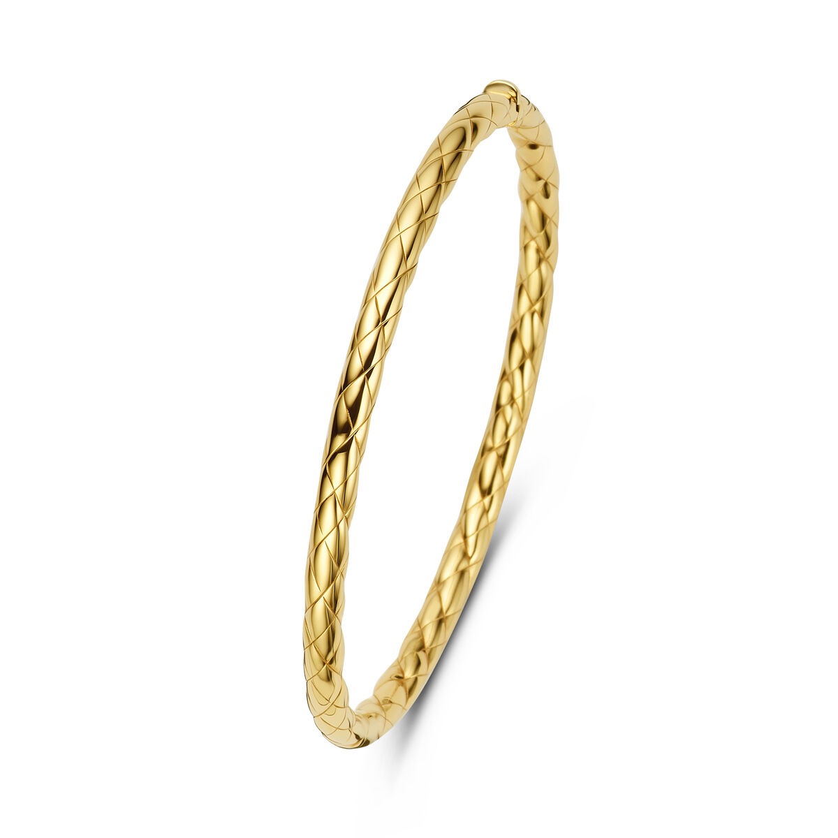 Gouden dames bangle van 14k met een gevlochten structuur en scharniersluiting.