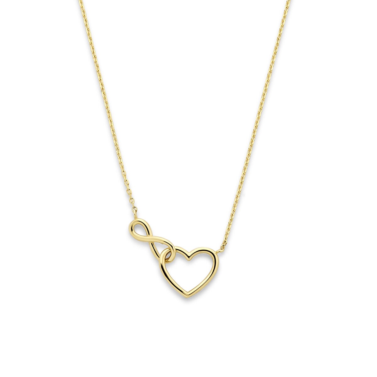Geelgouden collier met een hart- en infinity-symbool, fijne ketting.