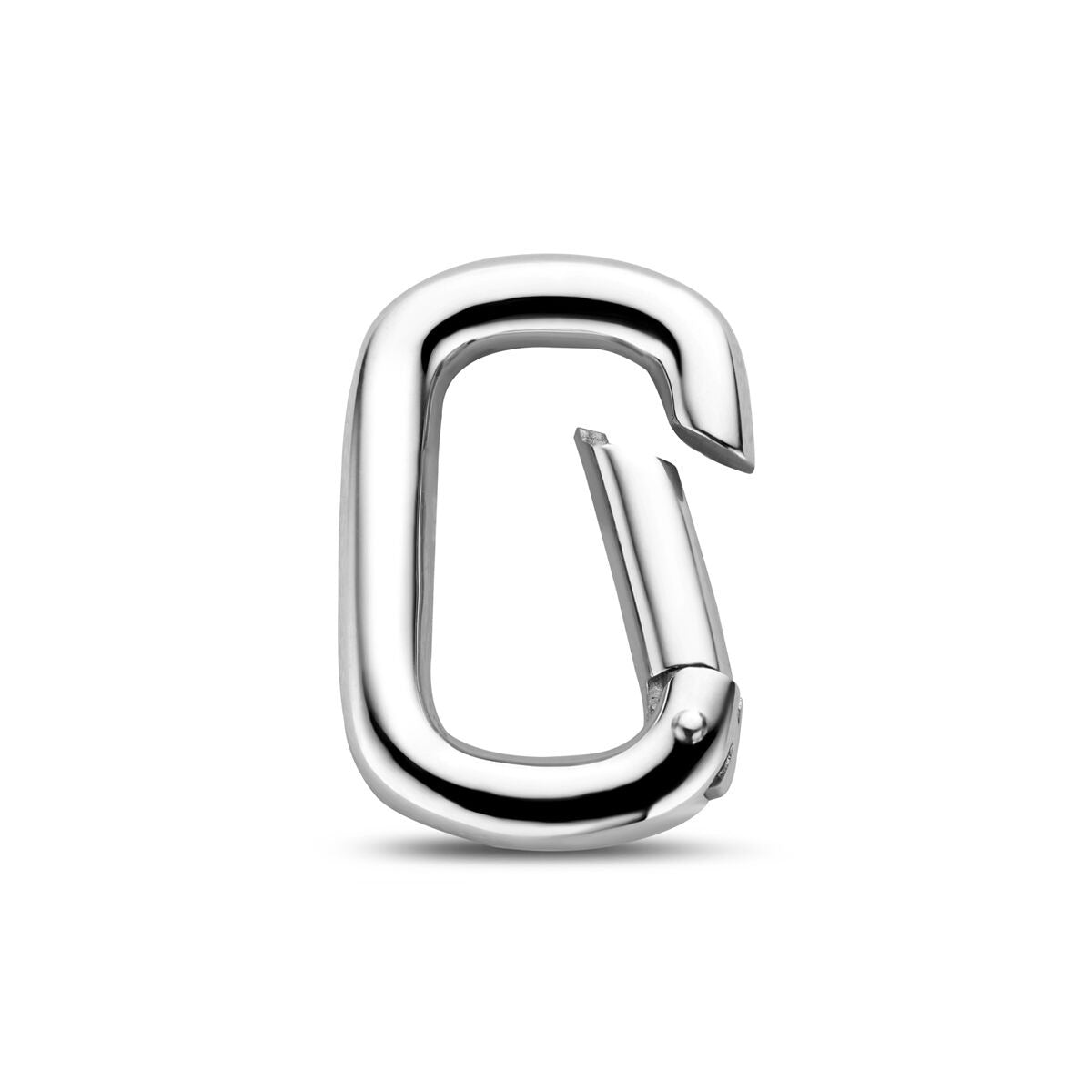 Connector wisiorek w kształcie paperclip, wykonany z rodowanego srebra próby 925, błyszczący.
