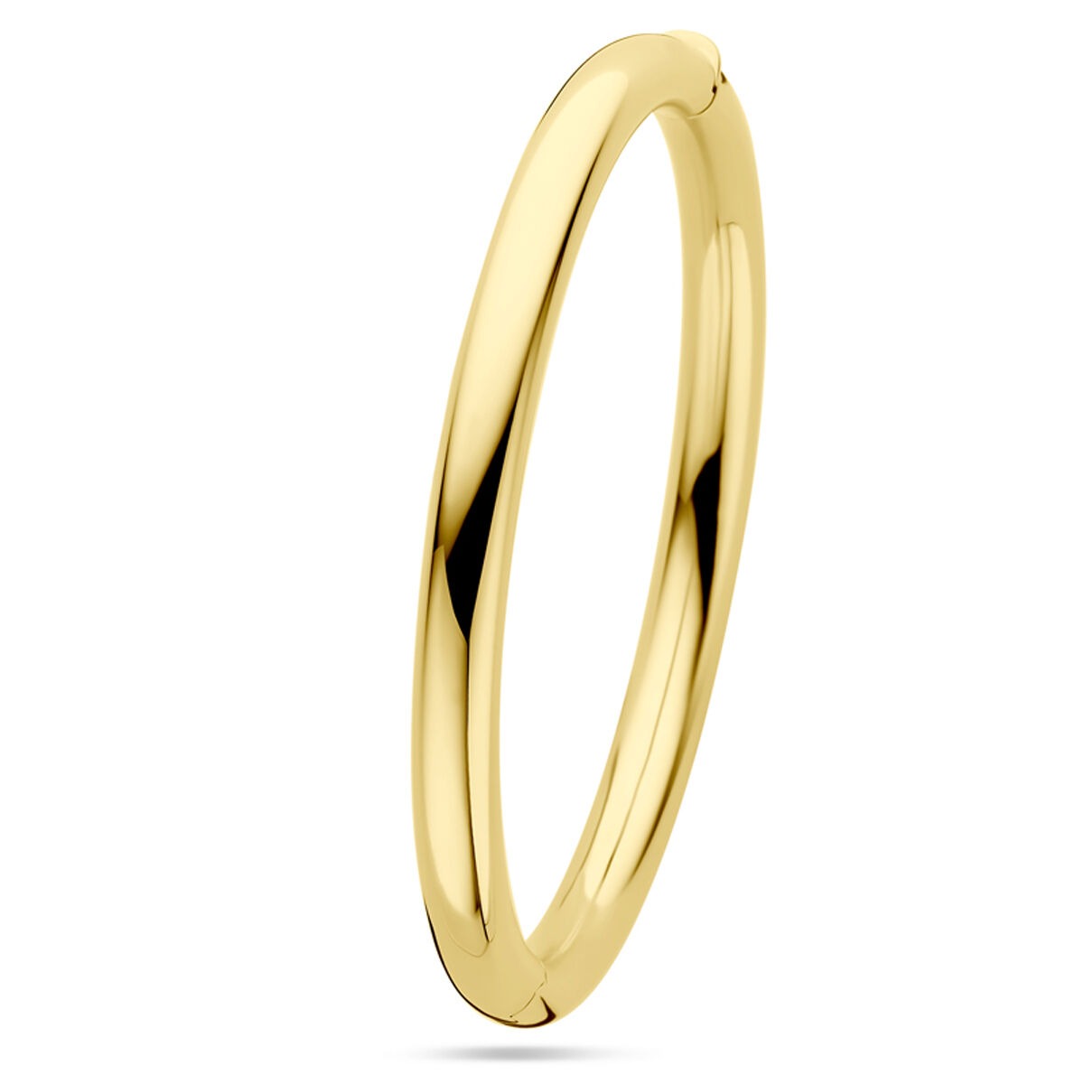 Bangle ze złotego 14k, szerokość 6 mm, o gładkiej, błyszczącej powierzchni.