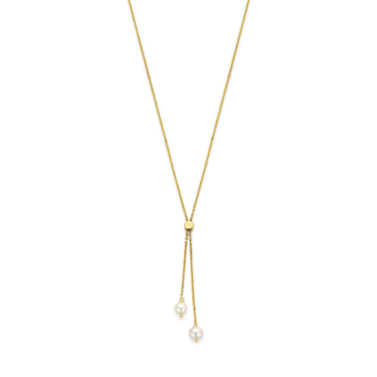 Geelgouden Y-collier met twee parels aan de uiteinden en een strakke, minimalistische afwerking.
