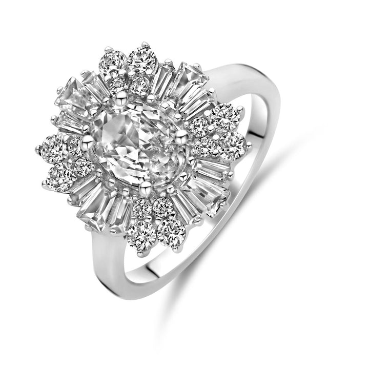 Zilveren ring met ovale zirkonia – gerhodineerd 925 zilver, 14,5 mm breed