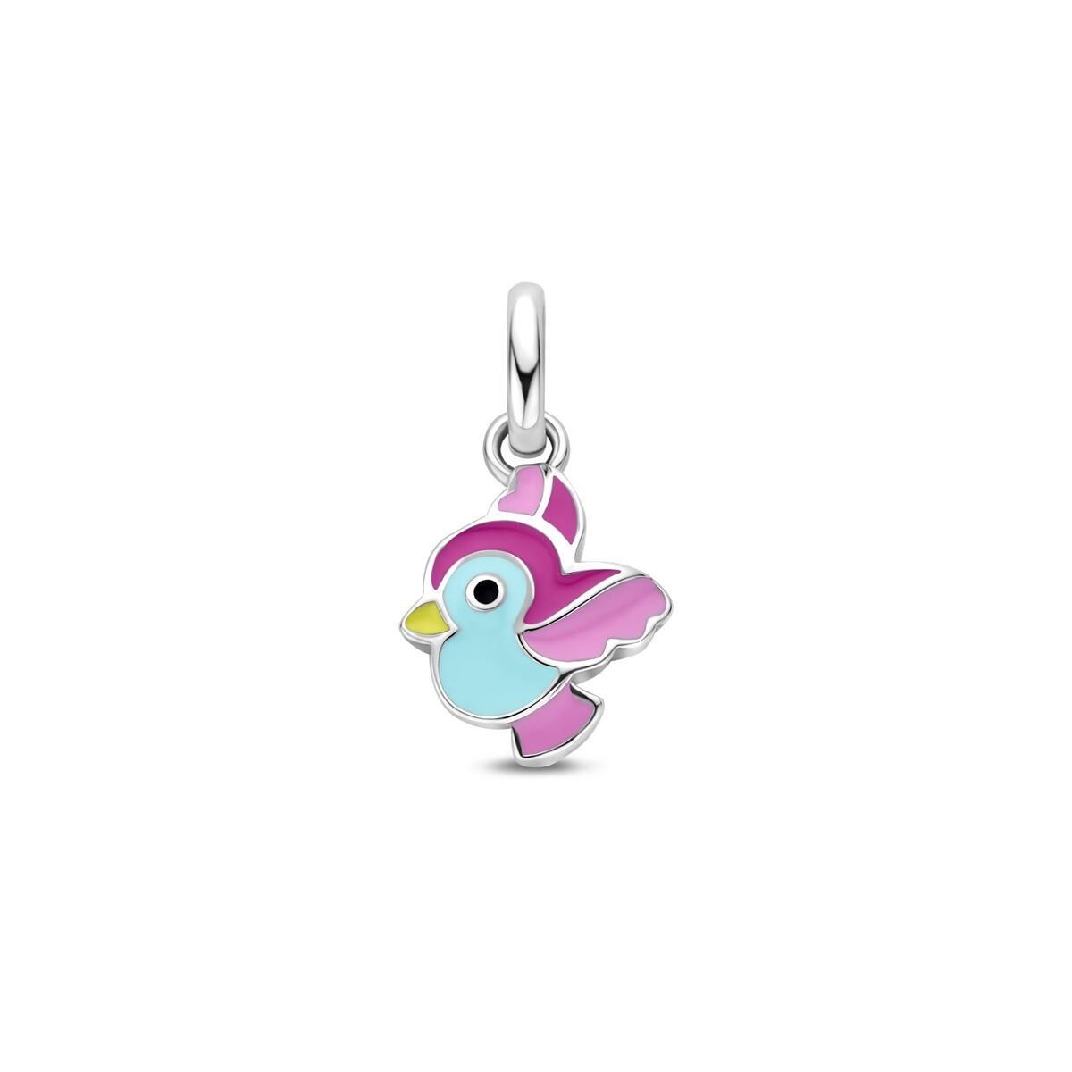 Zilveren kinder hanger in de vorm van een kleurrijk vogeltje met roze en blauwe details.