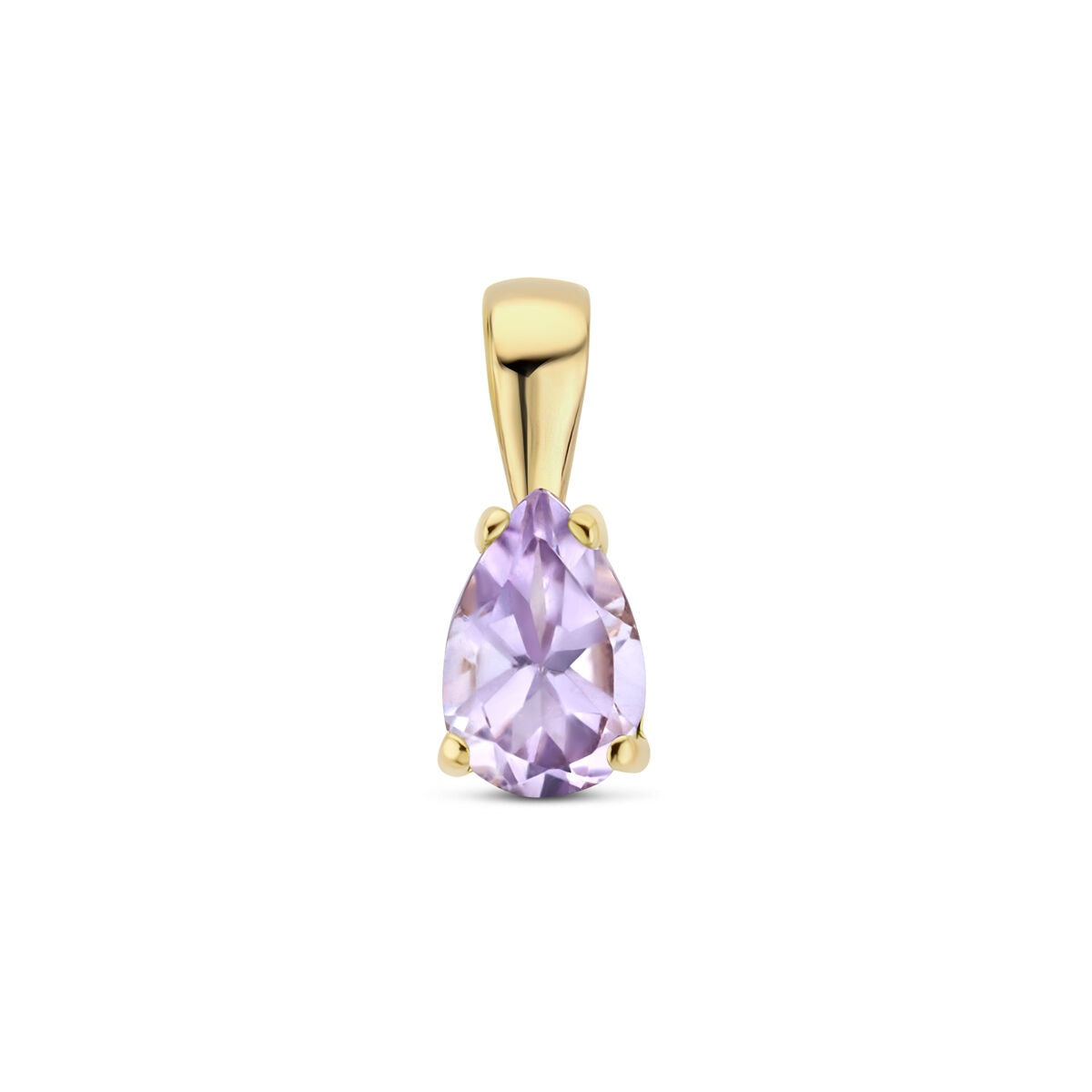 Geelgouden hanger met een paarse amethist in druppelvorm.