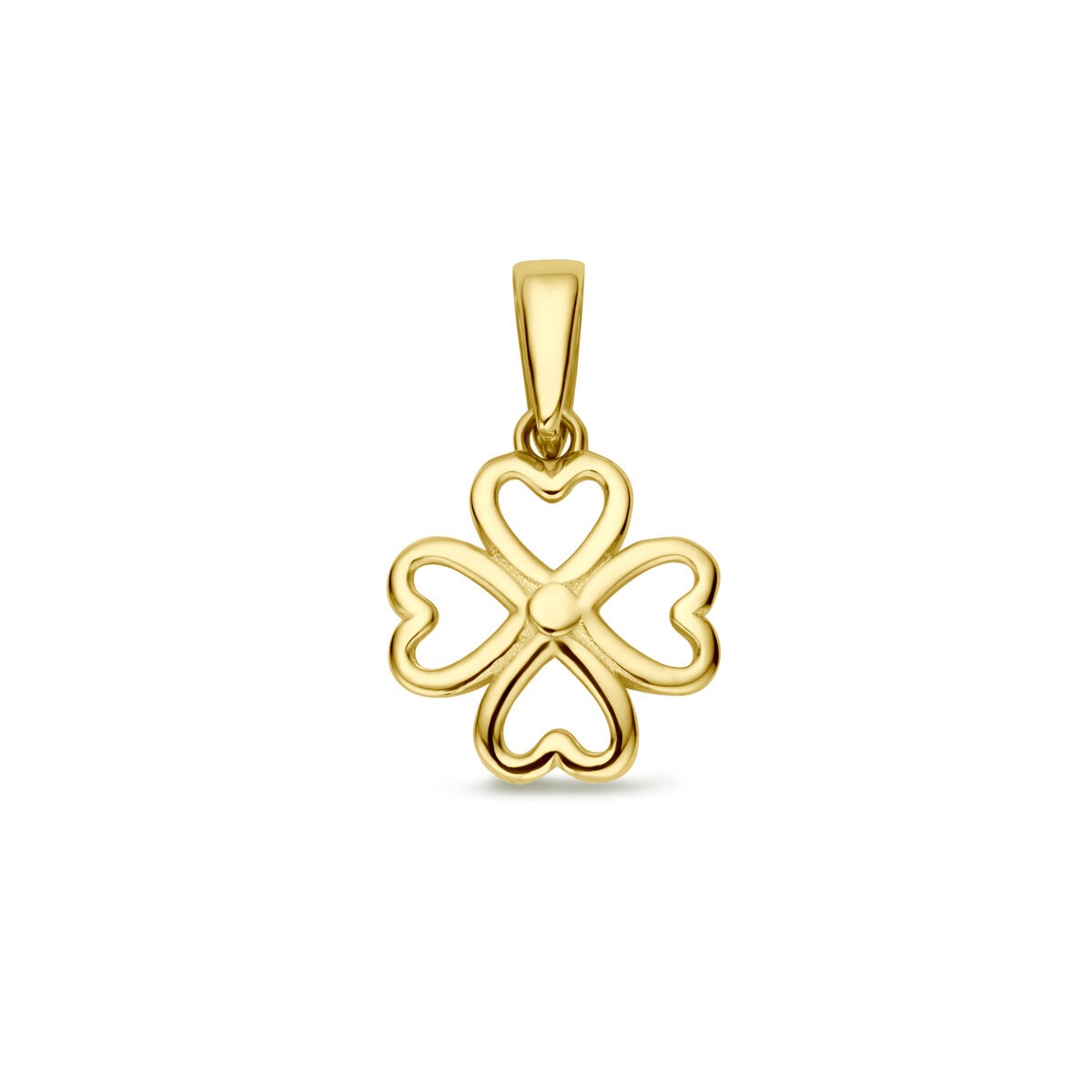 Geelgouden klavertje-hanger met hartvormige uitsparingen, symbool van geluk.
