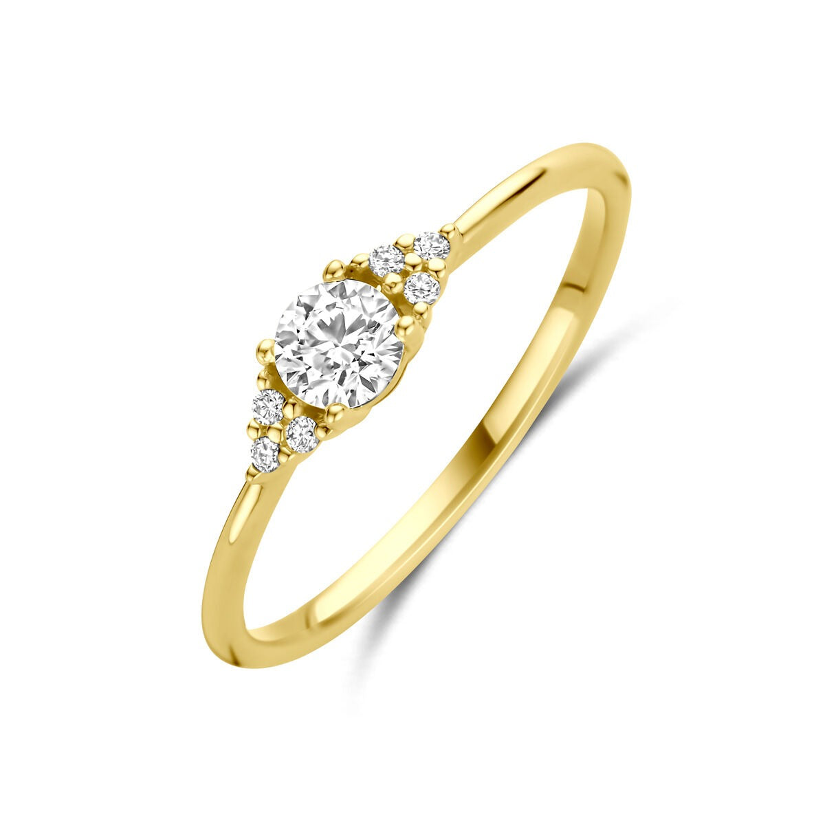Złoty pierścionek damski 14k z solitarnym diamentem 0,28 ct i ozdobnymi kamieniami.