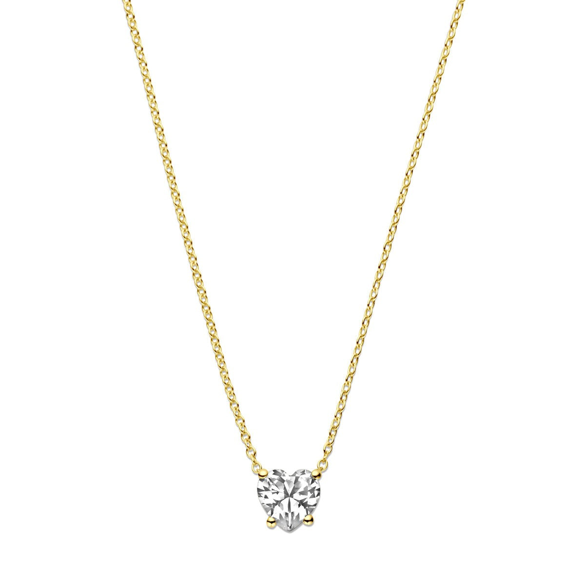 Geelgouden collier met een hartvormige zirkonia, fijne ketting en een glanzende afwerking.