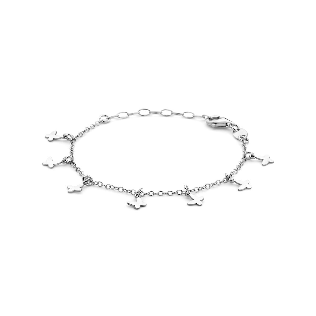 Gerhodineerde zilveren kinderarmband met vlinders, voorzien van schakelketting en meerdere vlinderbedels.