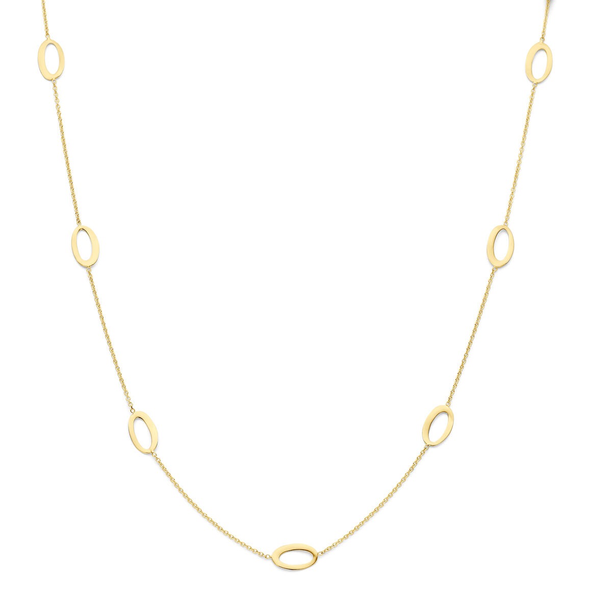 14k geelgouden collier met ovale elementen, bestaande uit een fijne ketting met afwisselend ovale schakels.