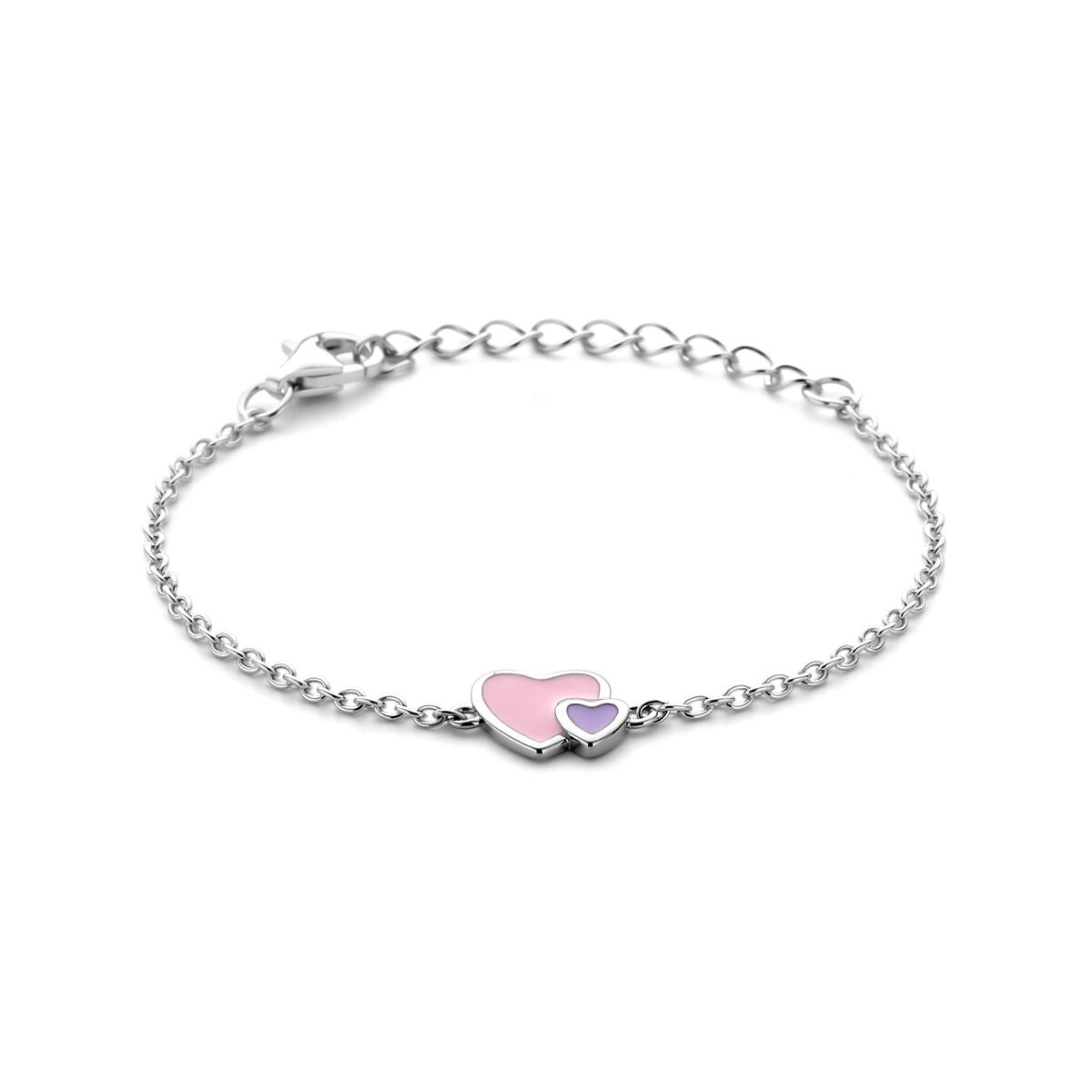 Zilveren kinderarmband van gerhodineerd 925 zilver met twee hartjes in roze en paars.