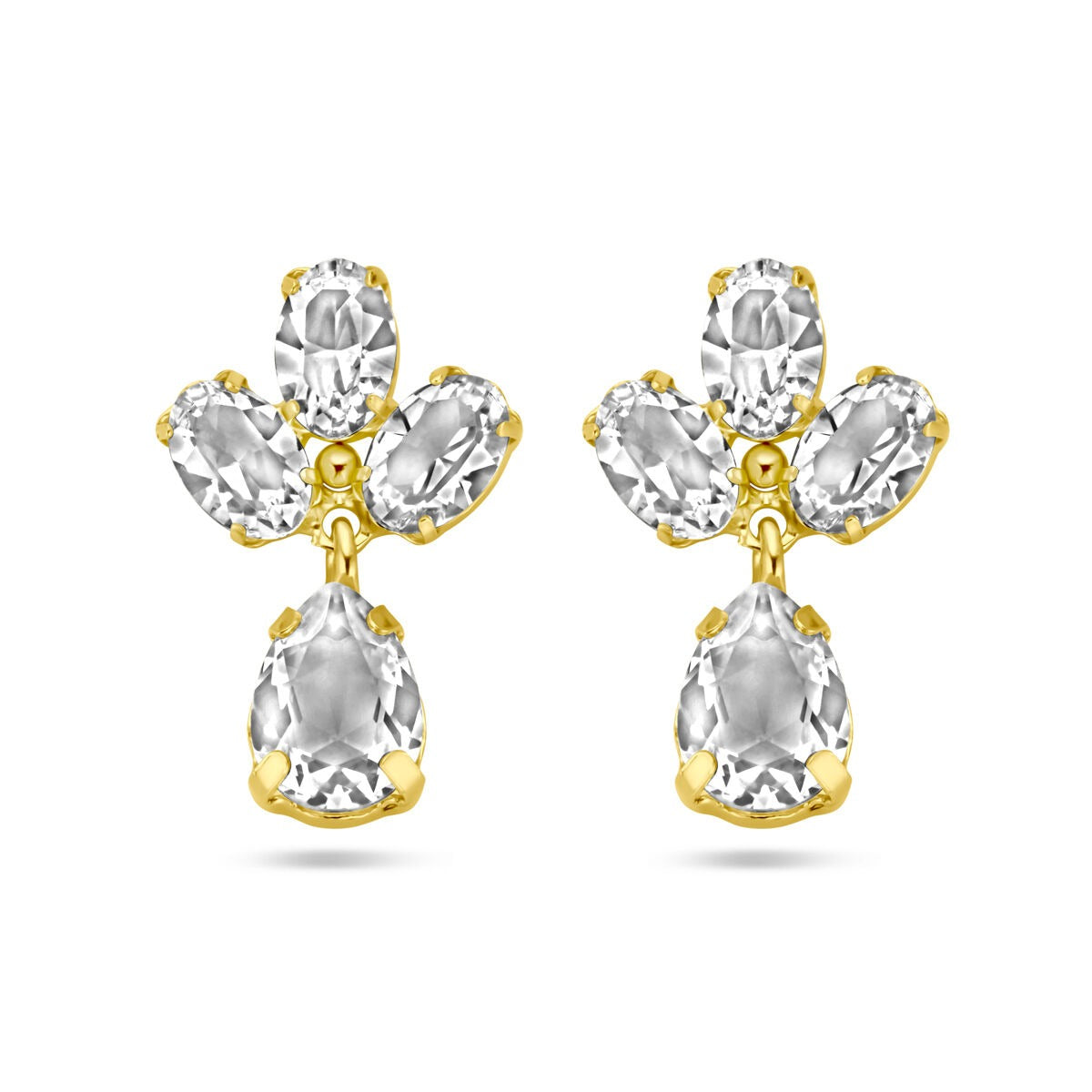 Verguld zilveren oorhangers met Swarovski kristallen in een kruisvorm, afgewerkt met een geelgouden glans.