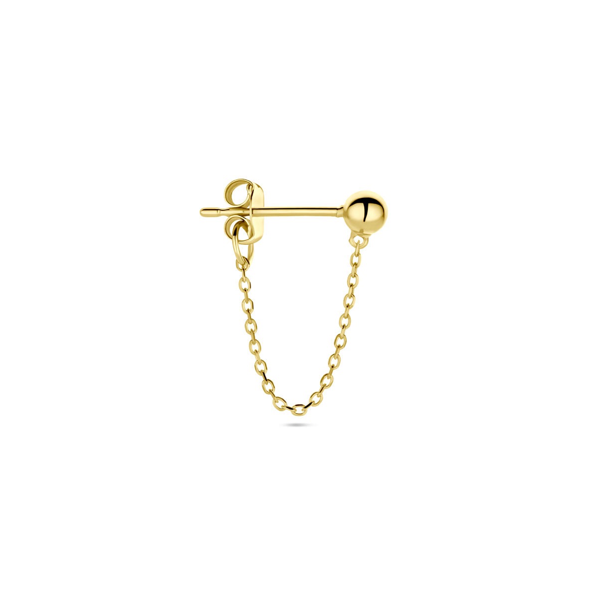 14k geelgouden oorknop met bolletje en een schakelketting, per stuk verkocht.