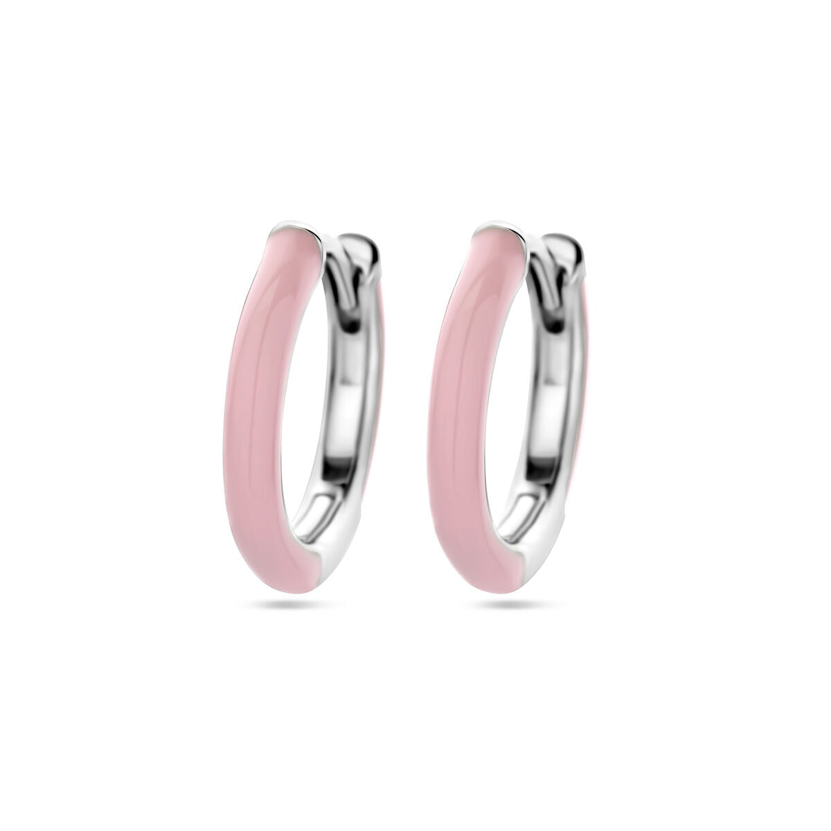 Gerhodineerde zilveren klapoorringen met een gladde roze emaille afwerking.