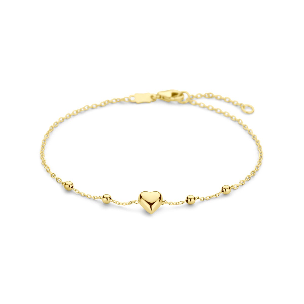 14k geelgouden kinderarmband met een hartje en bolletjes in een delicate schakelstructuur.