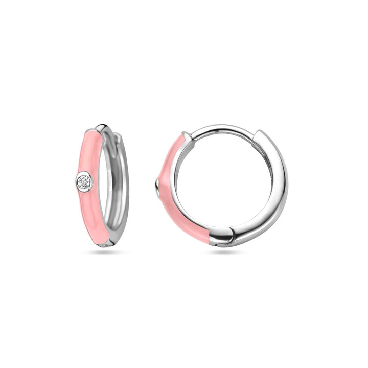 Zilveren dames klapoorringen met zirkonia en roze emaille – gerhodineerd 15 mm