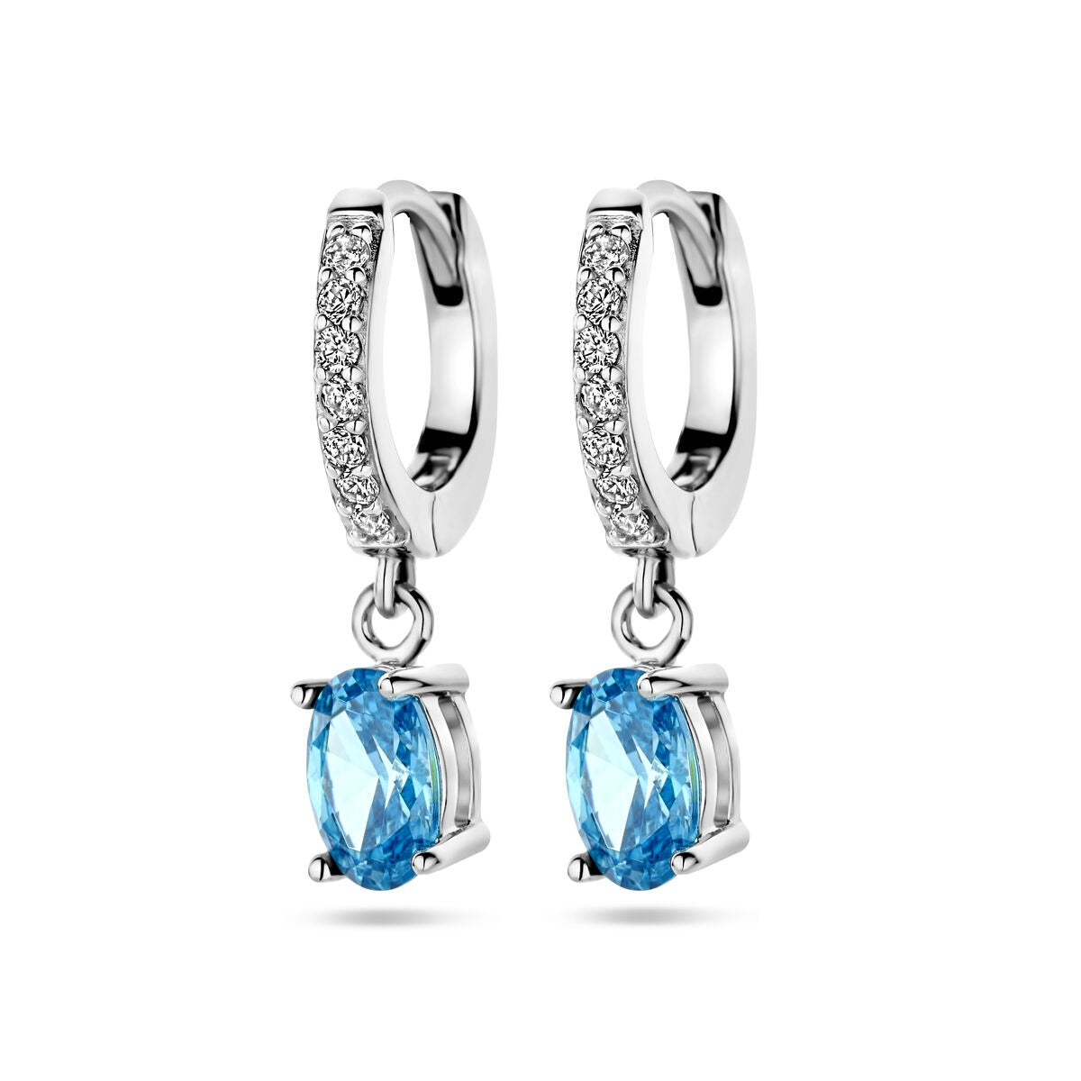 Gerhodineerde zilveren klapoorringen met een blauwe zirkonia en witte zirkonia aan de bovenkant.