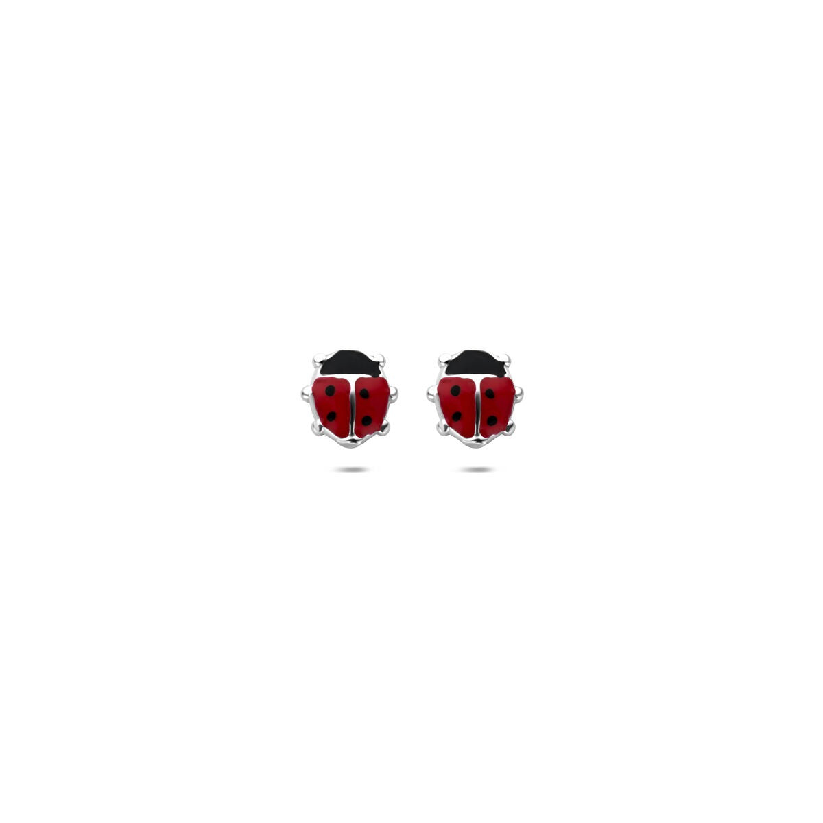 Zilveren gerhodineerde kinder oorknopjes in de vorm van een lieveheersbeestje met rode en zwarte details, 6 mm.